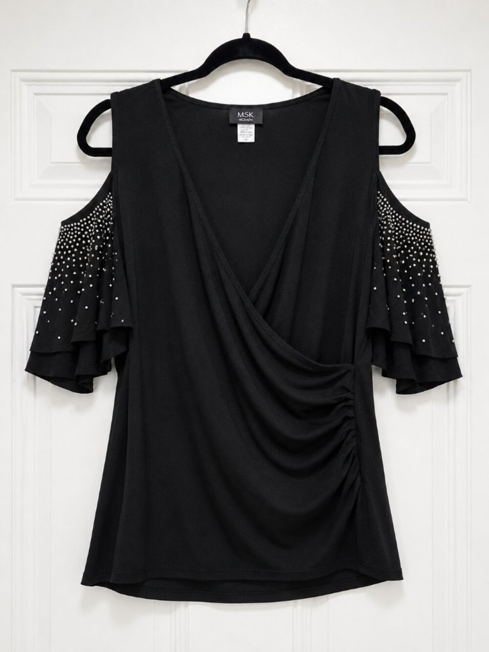 MSK Women 2X Black Cold Shoulder Studded Flutter Sleeve Draped Blouse Plus
